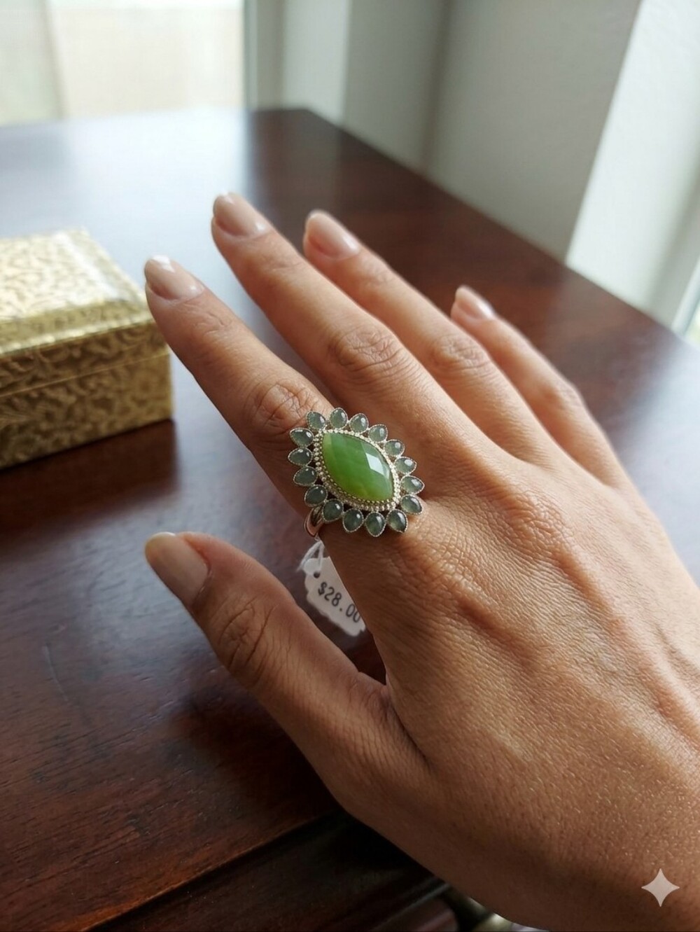 Green Stone Floral Halo Strechy Ring - Women Jewelry